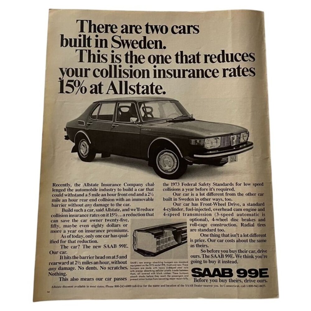 1971 SAAB 99 E Allstate Insurance Print Ad Full Page Original Vintage  u